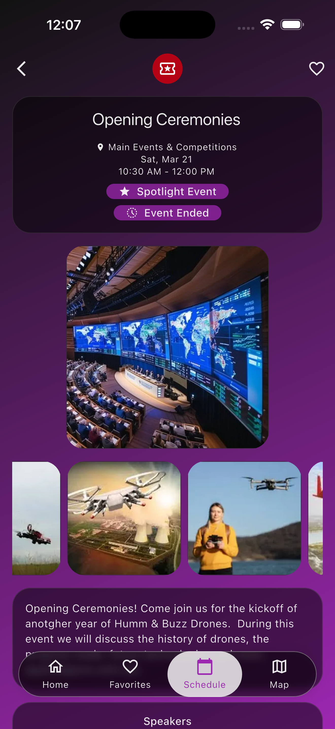 Venvi session detail screen with event description and images
