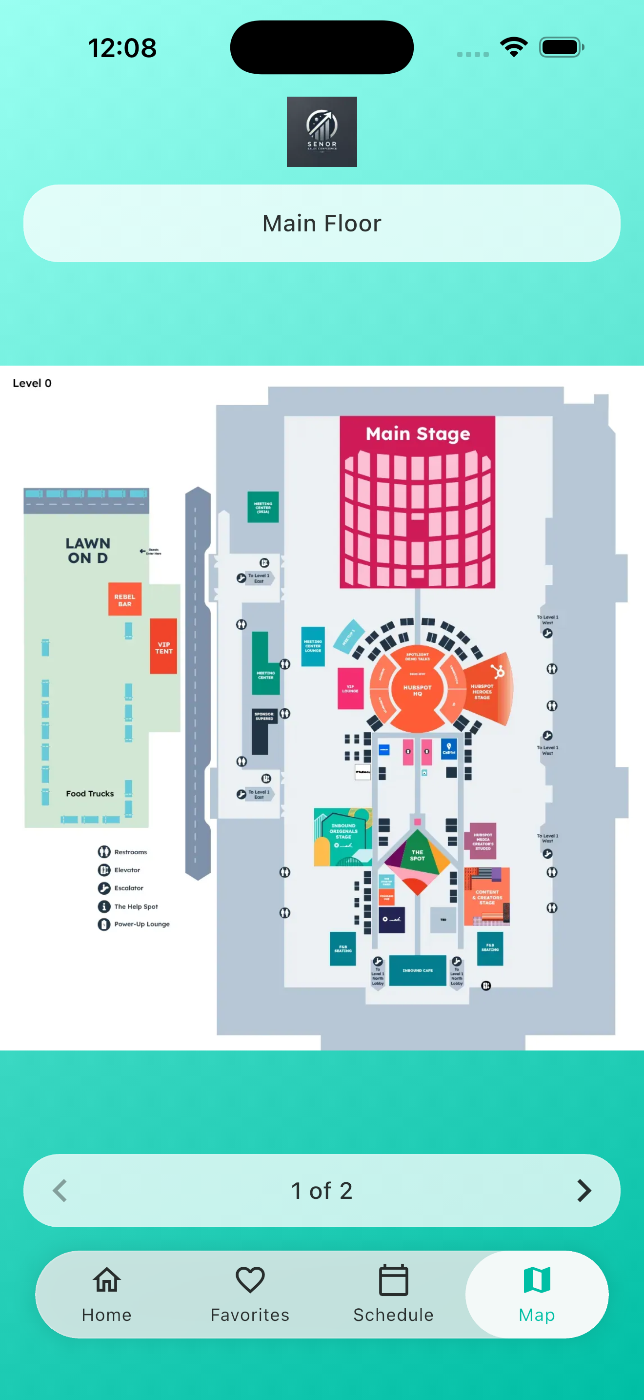Venvi event map screen showing a venue floor plan